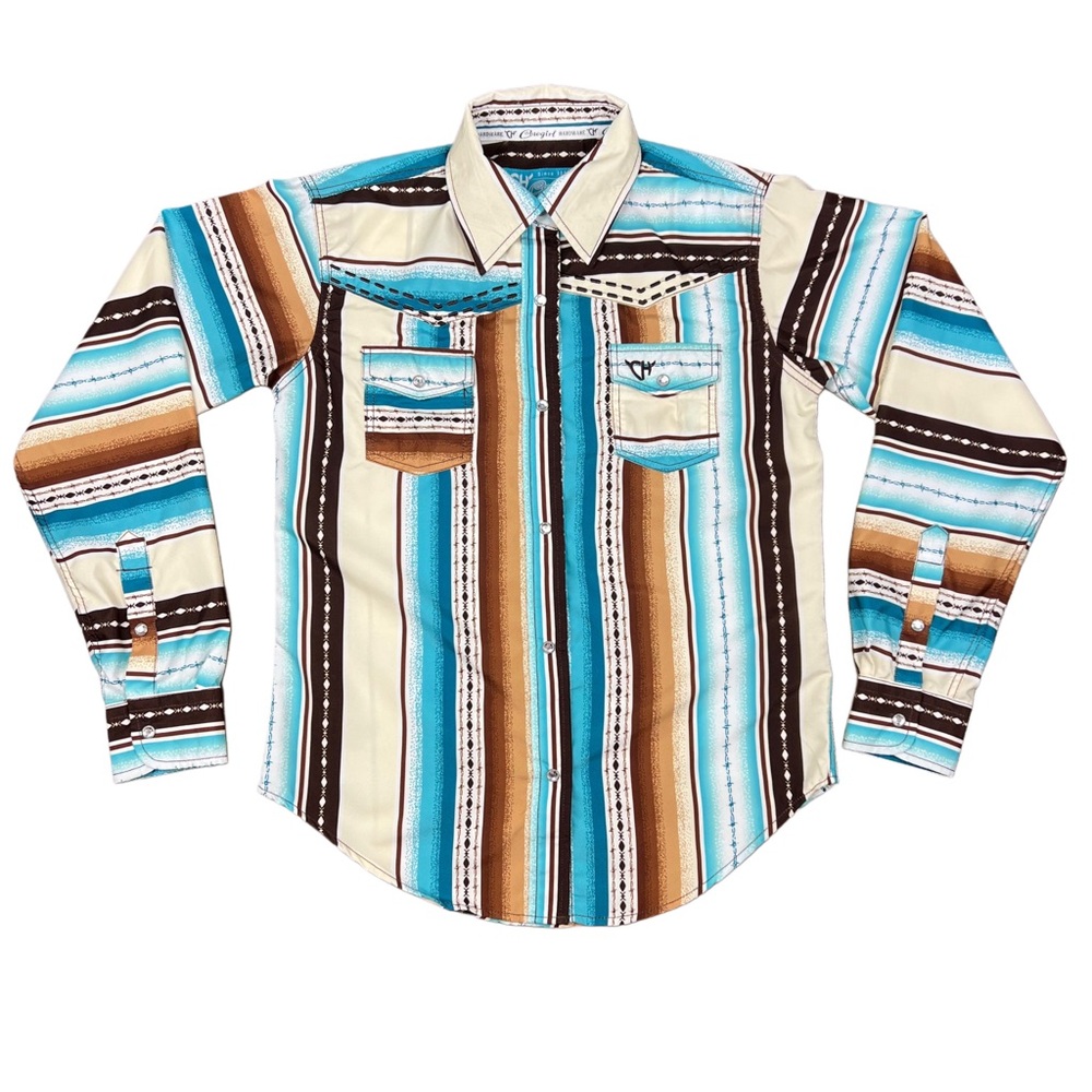 Cowgirl Hardware Girls L 10/12 Western Stripe Snap Shirt Turquoise Brown Rodeo